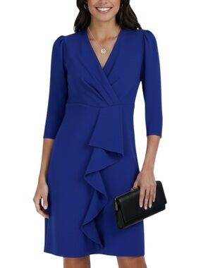 NWT JULIA JORDAN Blue Surplice V-Neck 3/4 Sleeve Ruffle Front Lined Dress Size 8